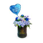 Box hortensia y rosas azules