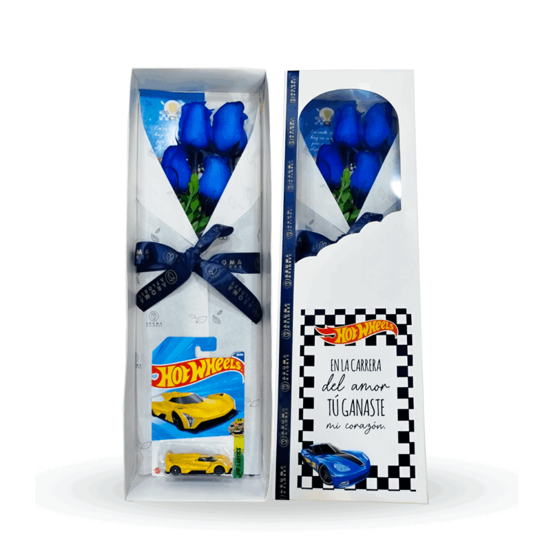 Caja 4 rosas y Hot Wheels