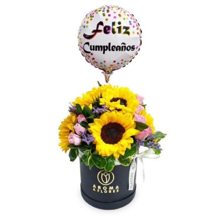 Box girasoles mini rosas y globo