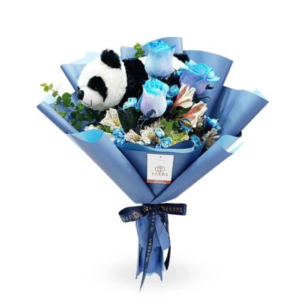 Ramo 3 rosas azules y panda