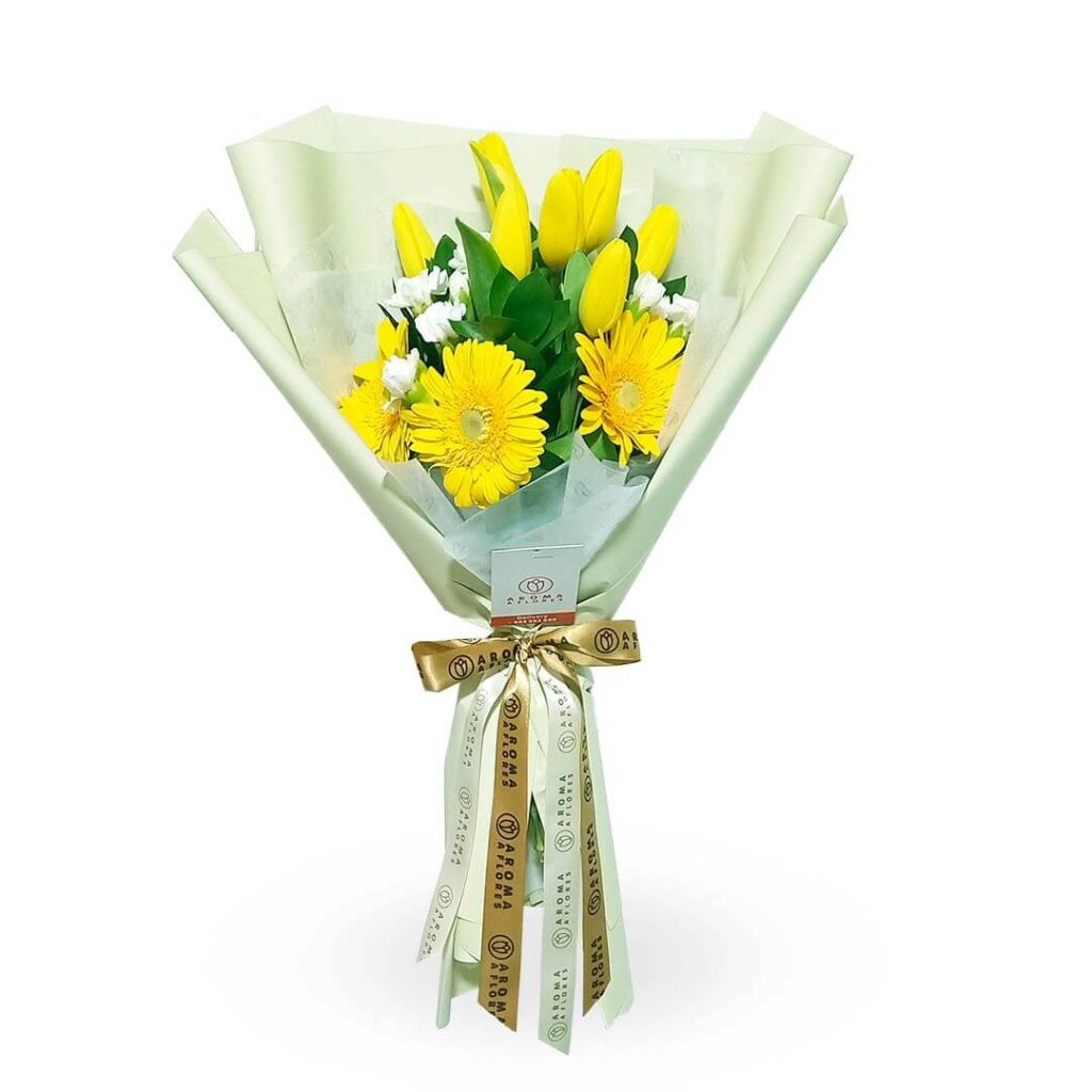 ramo-6-tulipanes-y-3-gerberas-amarillas-Aroma-a-flores